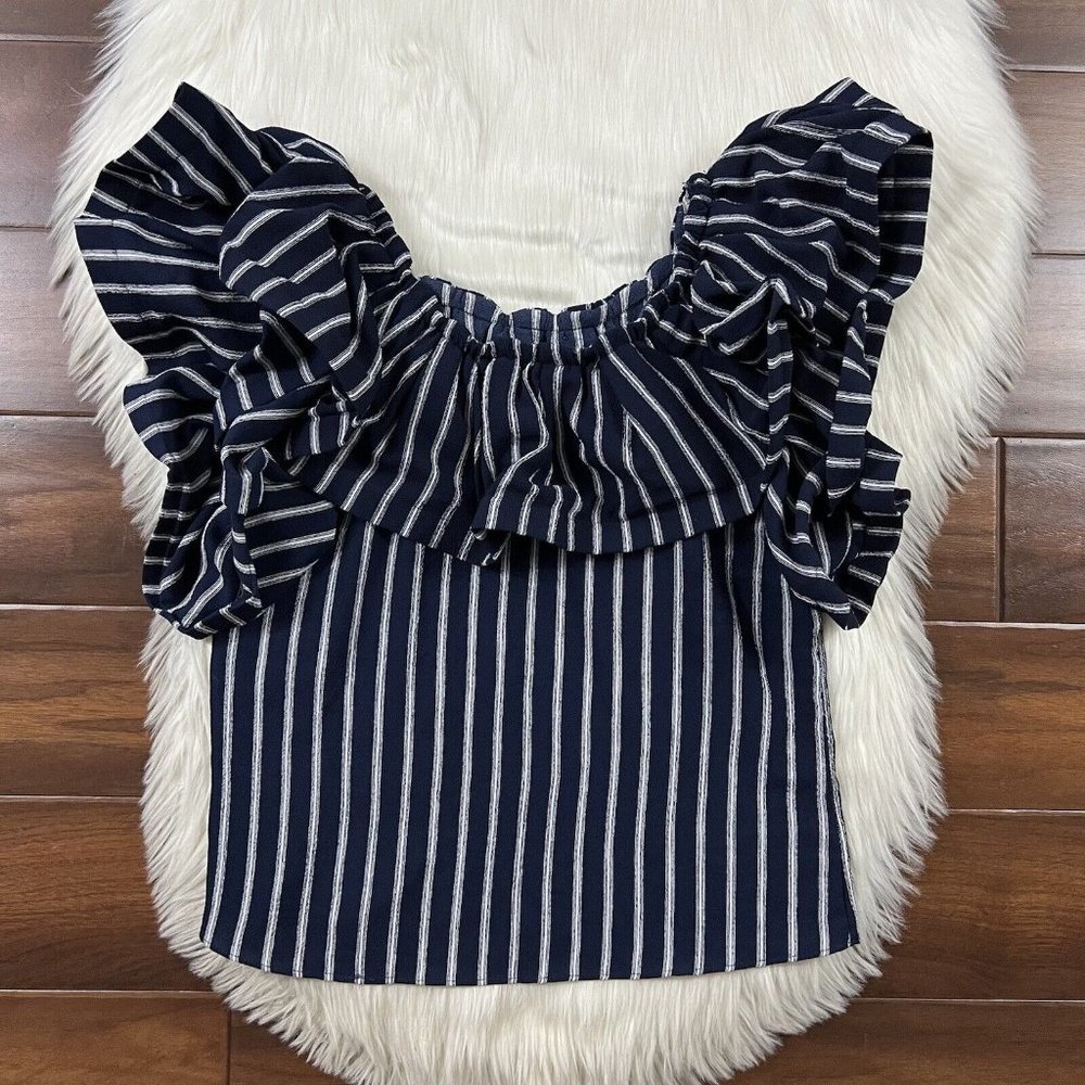 Misa Los Angeles Navy & White Striped Ruffle Off-Shoulder Top